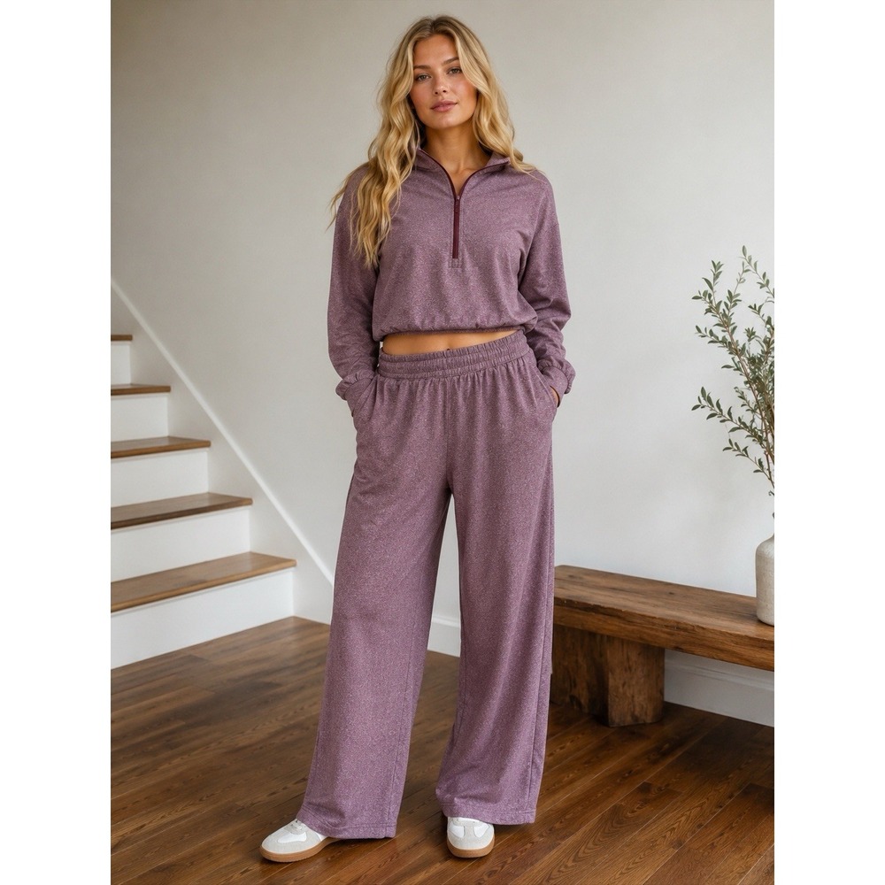Under Armour Motion Loose Baggy Pant 1/4 Zip Cropped Top Pullover Set Outfit L